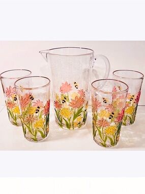 🆕-Summer Flowers Acrylic Pitcher & Tumblers 5pc Set -Pink & Yellow Floral Design